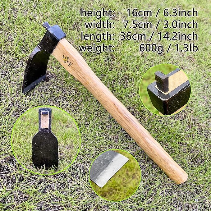 Japanese Style Hoe, 14 Inch, Heavy Duty Hoe, Without Welding, Gardening Tool, Oak Handle, for Digging, Weeding, and Planting