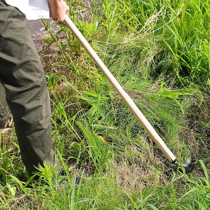 KAKURI Japanese Weeding Sickle Long Handle 45" [Thick Blade] Grass Sickle Stand Up Weeding Tool, Razor Sharp Japanese Carbon Steel Blade, Made in Japan