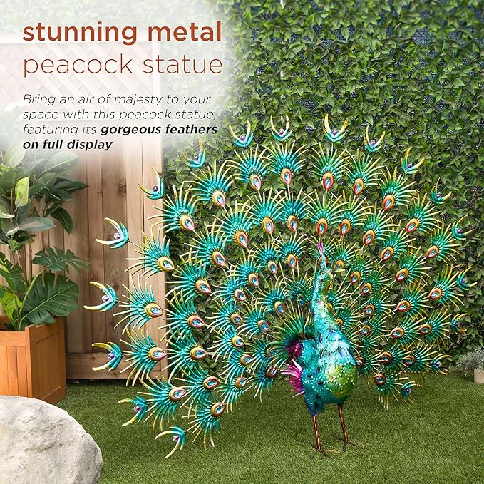 Alpine Corporation HEH376 Jumbo Sized Iron Majestic Peacock Decor, Elegant Garden & Patio Bird Statue, 55" H, Green