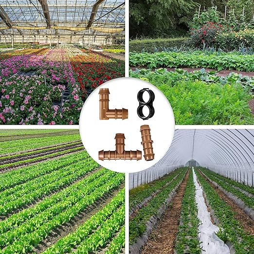 Irrigation Fittings Kit for 1/2 Inch Tubing Include 8 Tees, 8 Couplings, 8 Elbows and 8 End Cap Plugs Drip Irrigation Barbed Connectors, Drip Line Connectors Set