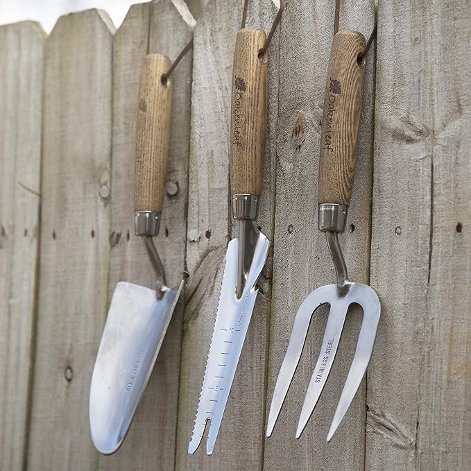 3 Piece Garden Hand Tool Set Extra Large Stainless Steel with Timber Handles Trowel Fork and Multitool