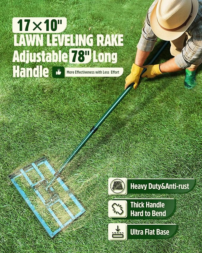 Lawn Leveling Rake,Stainless Steel Lawn Leveler with 17”x10” Ground Plate, 78” Adjustable Long Handle, Heavy Duty Level Lawn Tool for Grass, Golf Field, Level Soil or Dirt Ground Surfaces-Green