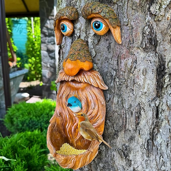 Mood Lab Tree Faces Decor Outdoor - Old Man Bird Feeder - Tree Hugger Garden Decoration - Yard Art Statues