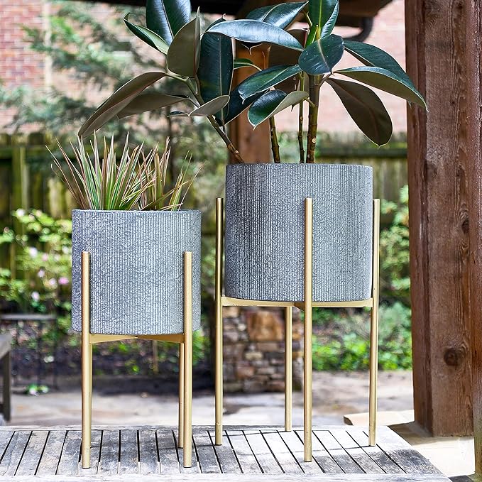 Main + Mesa Modern Boho Embossed Metal Planters with Stands, Charcoal Grey and Gold, Set of 2 Sizes