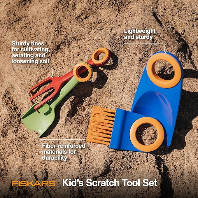 Fiskars Kids Garden Tool Set (4-Piece) - Ages 3+ Educational Toys for Yard Work - Cultivator, Trowel, Scoop and Brush with Organizational Hang Holes