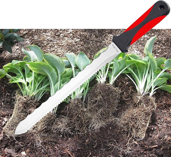 Keyfit Tools Spartan Garden Knife Perennial Splitter Divider Super Sharp Double Sided Serrated Stainless Steel 8” Blade 5” Ergonomic Rubber Handle Hori Hori Knife Gardening Tools