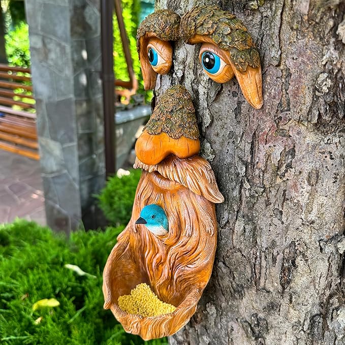Mood Lab Tree Faces Decor Outdoor - Old Man Bird Feeder - Tree Hugger Garden Decoration - Yard Art Statues