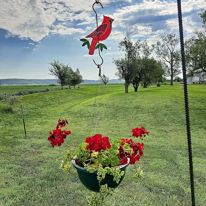 Stained Glass Hanging Plant Hook - Red Cardinal Sun Catcher with Copper S Hooks Top and Bottom for Indoor and Outdoor Use