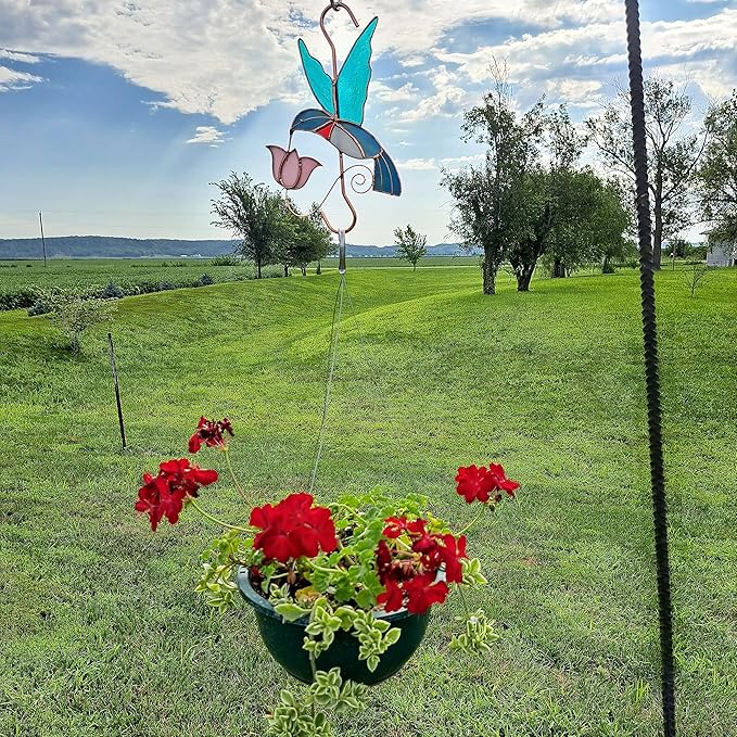 Plant Hanger Hook - Hummingbird with Pink Flower - Stained Glass Sun Catcher Plant Hook for Indoor and Outdoor Use - Copper S Hooks Top and Bottom